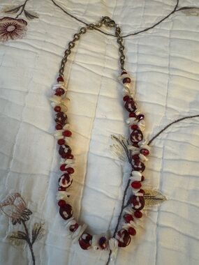 Red and White Bead Necklace with Shell Accents